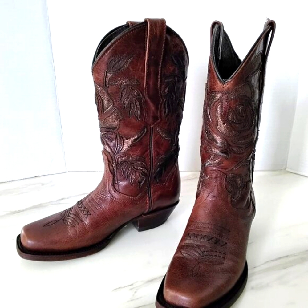 VERETTA Brown Sequin Inlay Floral Leather Western Boots Sz 7